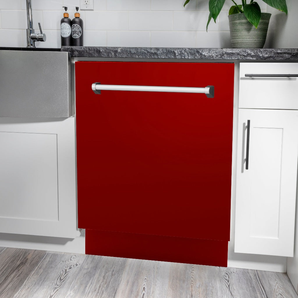 ZLINE 24 in. Tallac Series 3rd Rack Tall Tub Dishwasher in Red Gloss with Stainless Steel Tub, 51dBa (DWV-RG-24) built-in to white cabinets with granite countertops in a luxury kitchen.