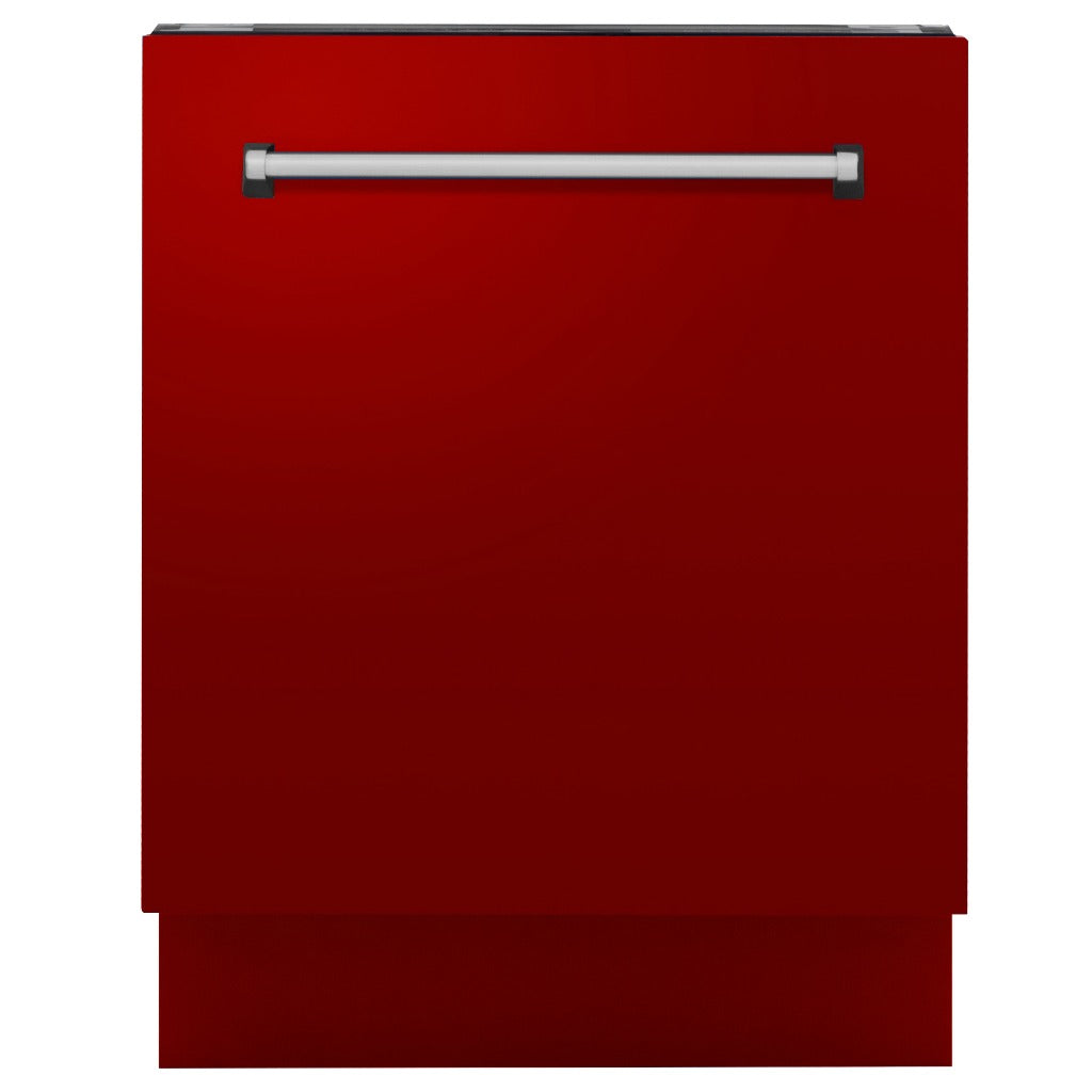 ZLINE 24 in. Tallac Series 3rd Rack Tall Tub Dishwasher in Red Gloss with Stainless Steel Tub, 51dBa (DWV-RG-24) front, closed.
