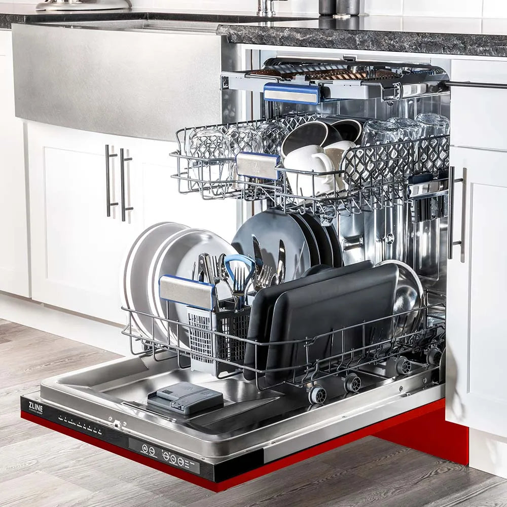 ZLINE 24 in. Tallac Series 3rd Rack Tall Tub Dishwasher in Red Gloss with Stainless Steel Tub, 51dBa (DWV-RG-24) open with dishes loaded inside in a luxury kitchen, side.