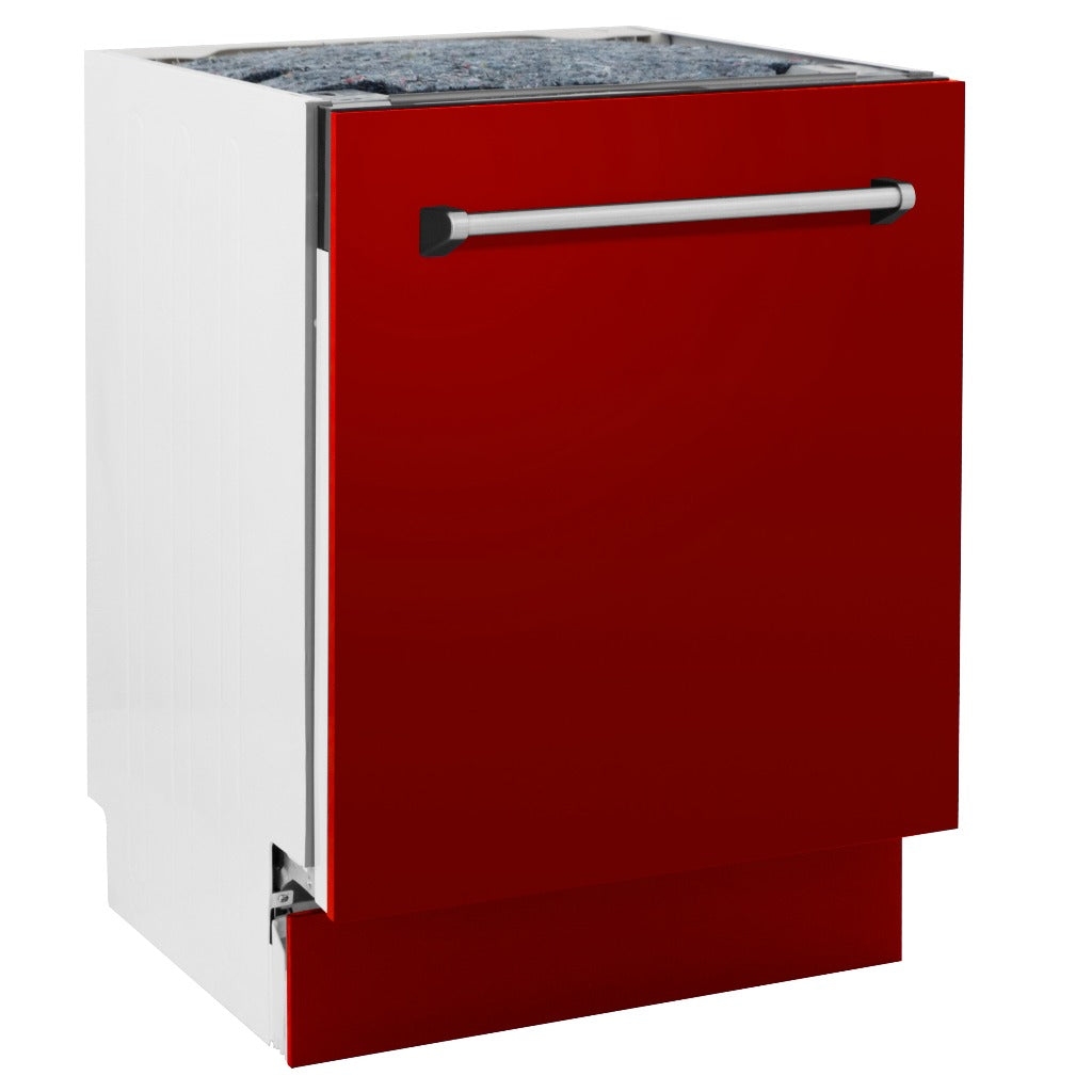 ZLINE 24 in. Tallac Series 3rd Rack Tall Tub Dishwasher in Red Gloss with Stainless Steel Tub, 51dBa (DWV-RG-24) side, closed.