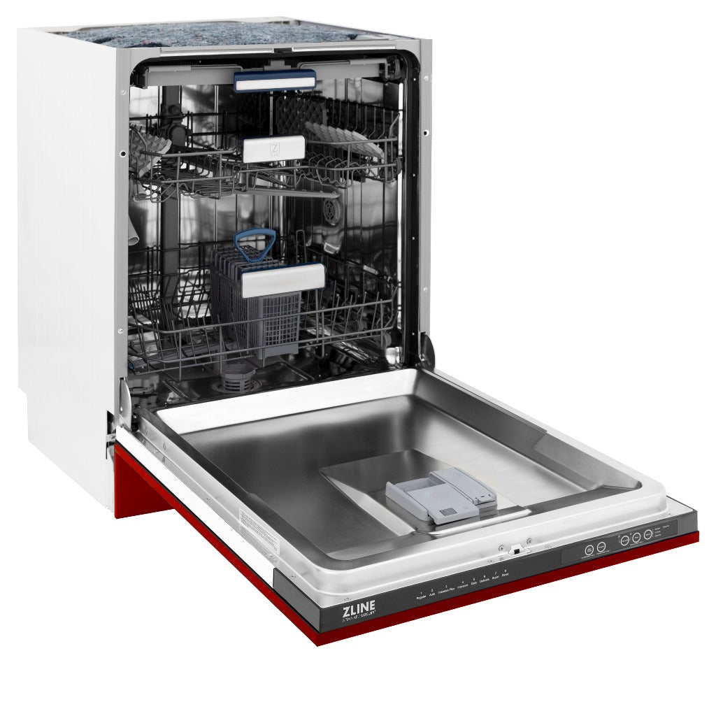 ZLINE 24 in. Tallac Series 3rd Rack Tall Tub Dishwasher in Red Gloss with Stainless Steel Tub, 51dBa (DWV-RG-24) side, open.