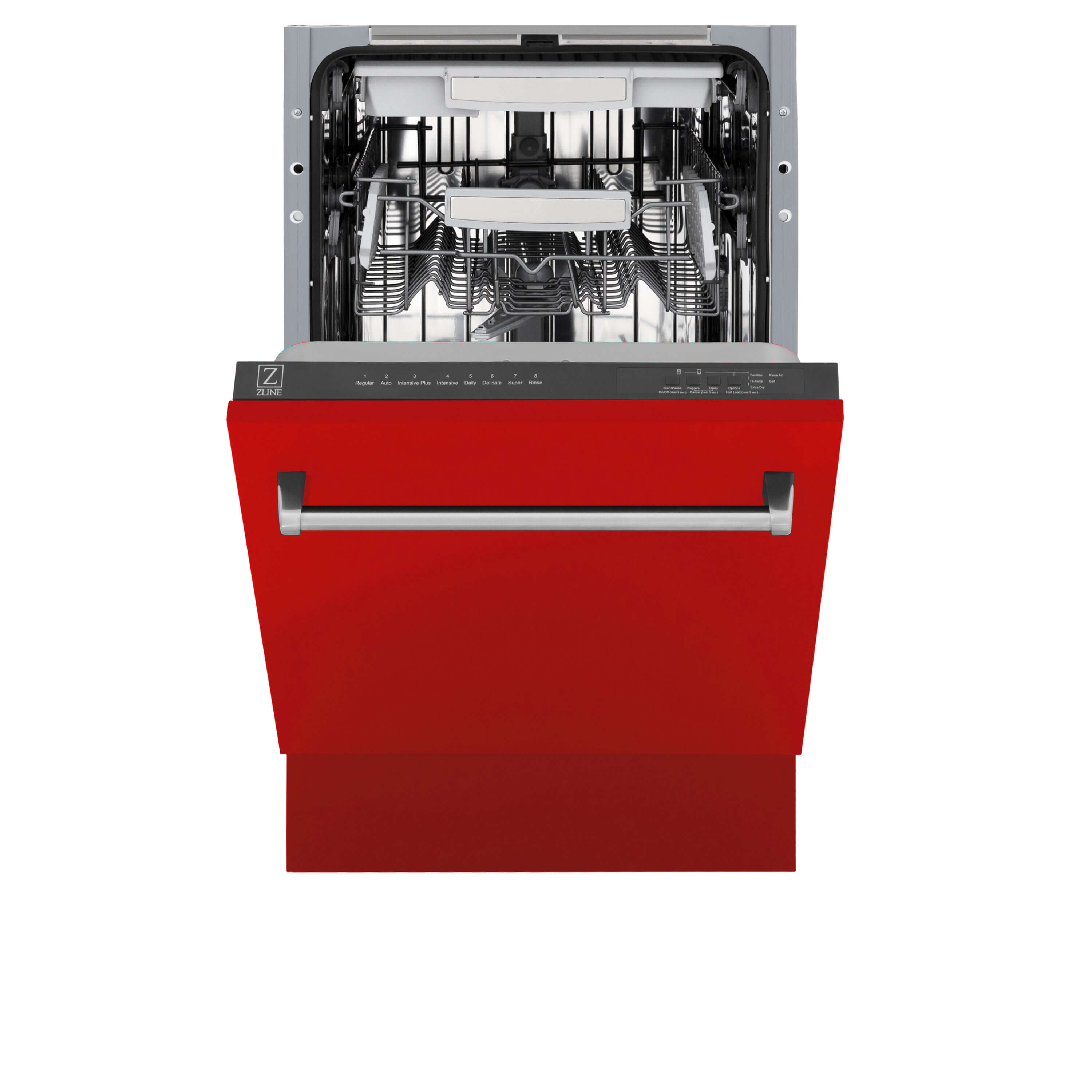 ZLINE 18 in. Tallac Series 3rd Rack Top Control Built-In Dishwasher in Red Matte with Stainless Steel Tub, 51dBa (DWV-RM-18) front, half open.