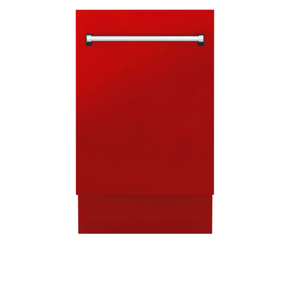 ZLINE 18 in. Tallac Series 3rd Rack Top Control Built-In Dishwasher in Red Matte with Stainless Steel Tub, 51dBa (DWV-RM-18) front, closed.
