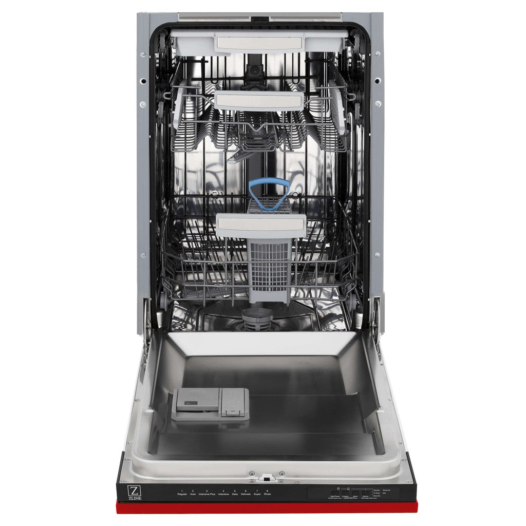 ZLINE 18 in. Tallac Series 3rd Rack Top Control Built-In Dishwasher in Red Matte with Stainless Steel Tub, 51dBa (DWV-RM-18) front, open.