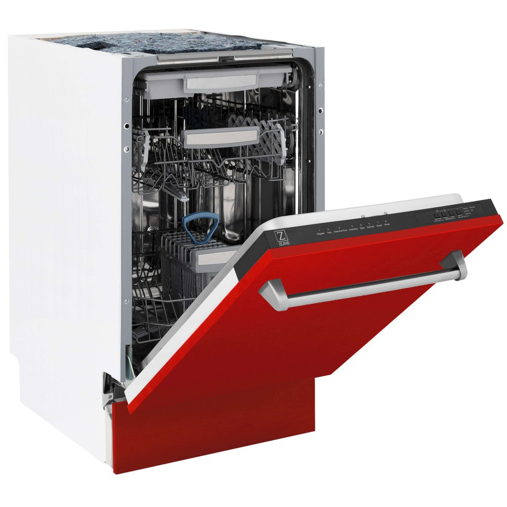 ZLINE 18 in. Tallac Series 3rd Rack Top Control Built-In Dishwasher in Red Matte with Stainless Steel Tub, 51dBa (DWV-RM-18) side, half open.