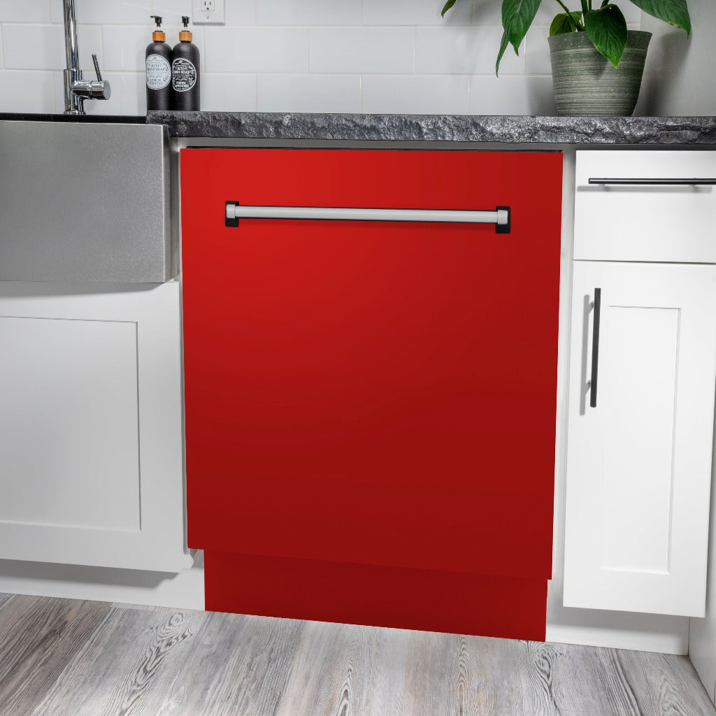 ZLINE 24 in. Tallac Series 3rd Rack Tall Tub Dishwasher in Red Matte with Stainless Steel Tub, 51dBa (DWV-RM-24) built-in to white cabinets with granite countertops in a luxury kitchen.