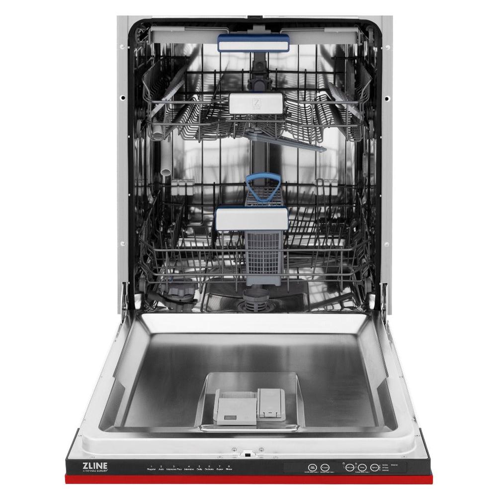 ZLINE 24 in. Tallac Series 3rd Rack Tall Tub Dishwasher in Red Matte with Stainless Steel Tub, 51dBa (DWV-RM-24) front, open.