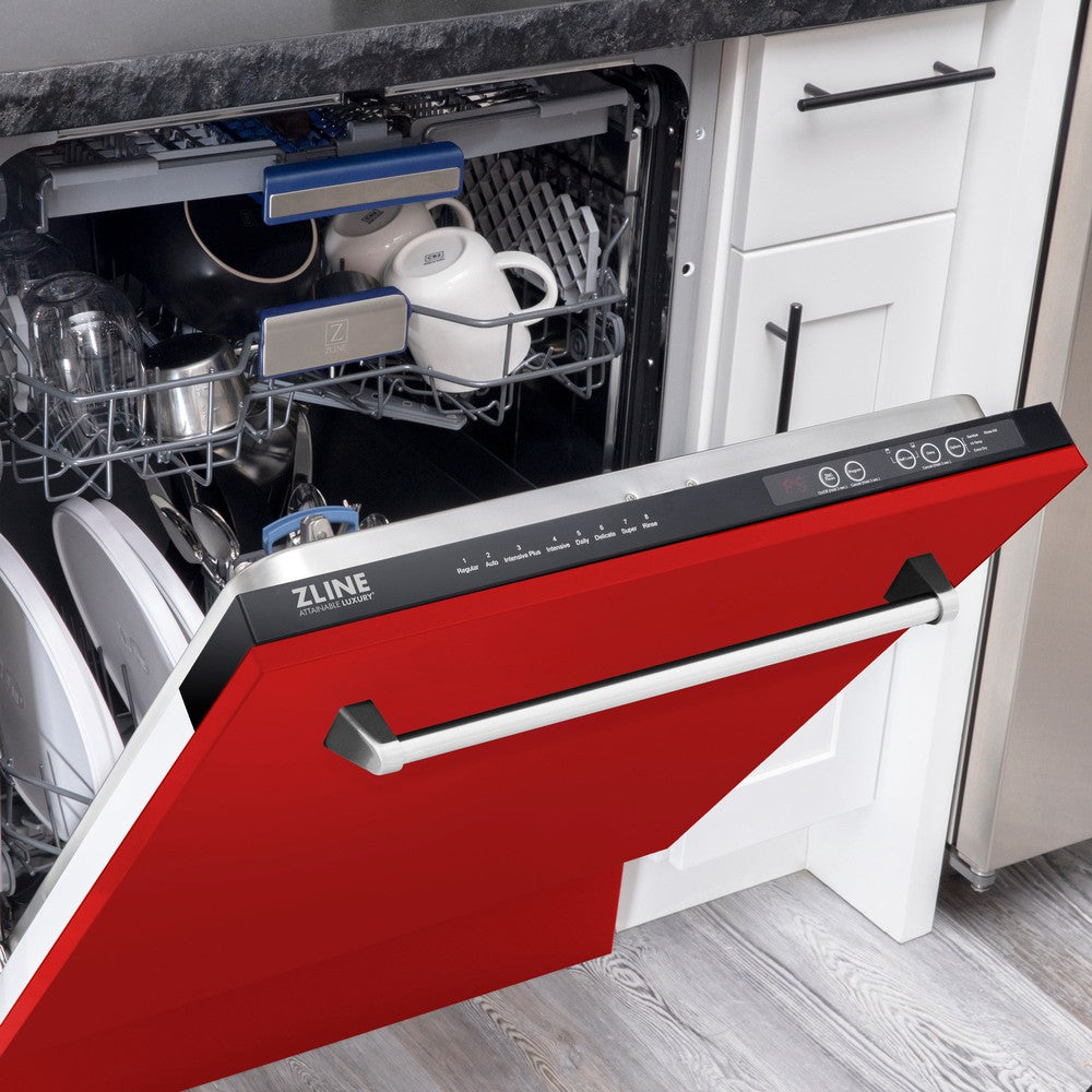 ZLINE 24 in. Tallac Series 3rd Rack Tall Tub Dishwasher in Red Matte with Stainless Steel Tub, 51dBa (DWV-RM-24) half open with dishes loaded in a luxury kitchen.