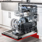 ZLINE 24 in. Tallac Series 3rd Rack Tall Tub Dishwasher in Red Matte with Stainless Steel Tub, 51dBa (DWV-RM-24) open with dishes loaded inside in a luxury kitchen, side.