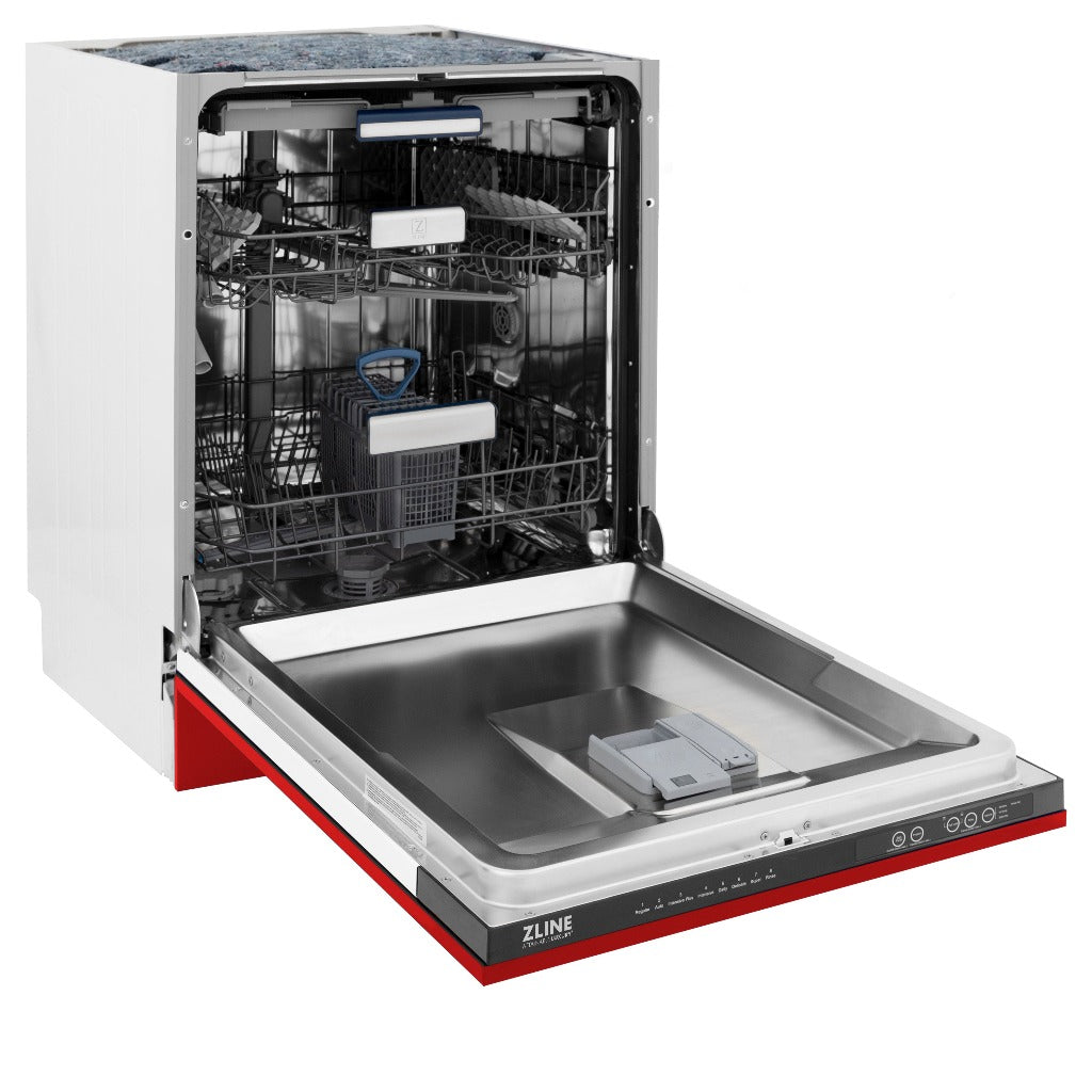 ZLINE 24 in. Tallac Series 3rd Rack Tall Tub Dishwasher in Red Matte with Stainless Steel Tub, 51dBa (DWV-RM-24) side, open.