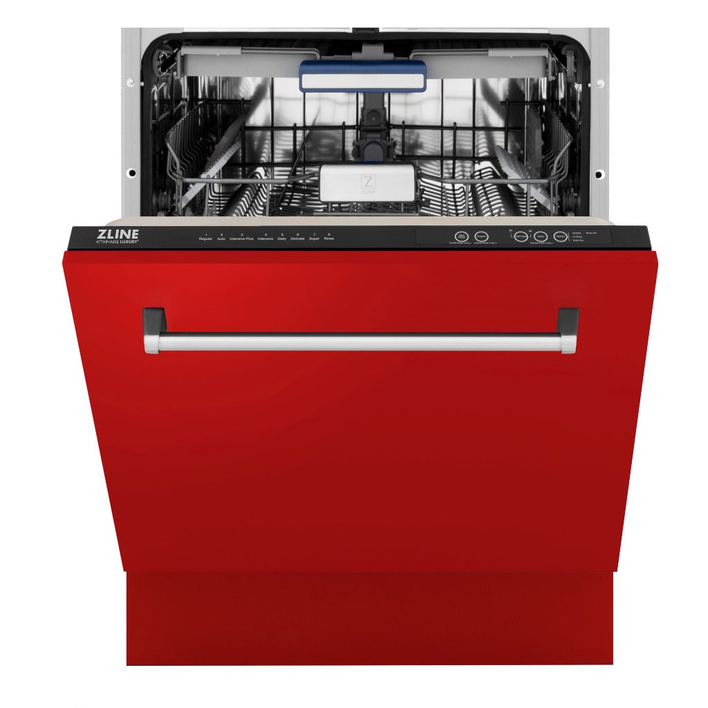 ZLINE 24 in. Tallac Series 3rd Rack Tall Tub Dishwasher in Red Matte with Stainless Steel Tub, 51dBa (DWV-RM-24) front, half open.
