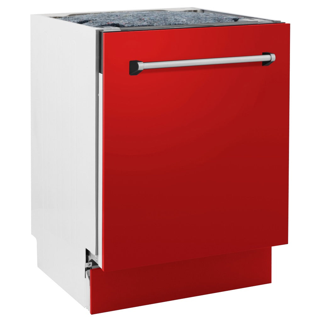 ZLINE 24 in. Tallac Series 3rd Rack Tall Tub Dishwasher in Red Matte with Stainless Steel Tub, 51dBa (DWV-RM-24) side, closed.