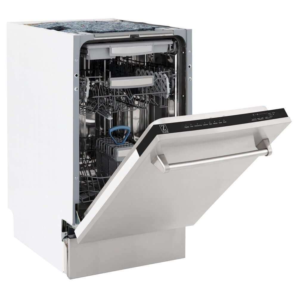 ZLINE 18 in. Tallac Series 3rd Rack Top Control Built-In Dishwasher in Stainless Steel and Traditional Handle, 51dBa (DWV-304-18) side, open.