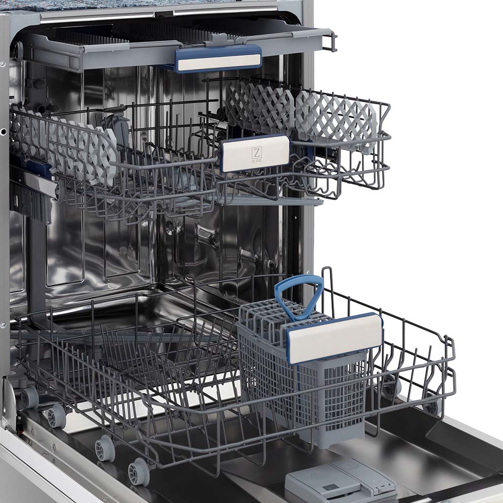 Three dish racks inside ZLINE dishwasher with stainless steel tub