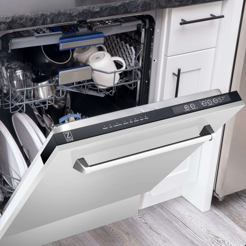 ZLINE dishwasher built-in to cabinets and loaded with dishes with door half open.