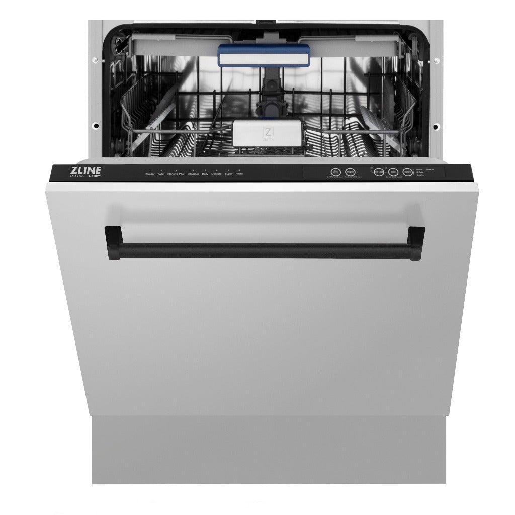ZLINE Autograph Edition 24 in. Tallac Series 3rd Rack Top Control Built-In Tall Tub Dishwasher in Stainless Steel with Matte Black Handle, 51dBa (DWVZ-304-24-MB) front, half open.