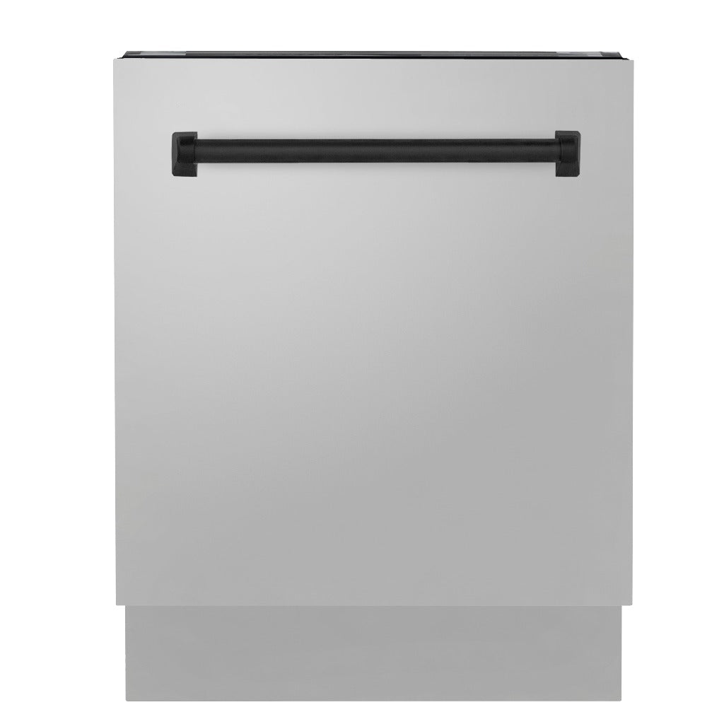 ZLINE Autograph Edition 24 in. Tallac Series 3rd Rack Top Control Built-In Tall Tub Dishwasher in Stainless Steel with Matte Black Handle, 51dBa (DWVZ-304-24-MB) front, closed.