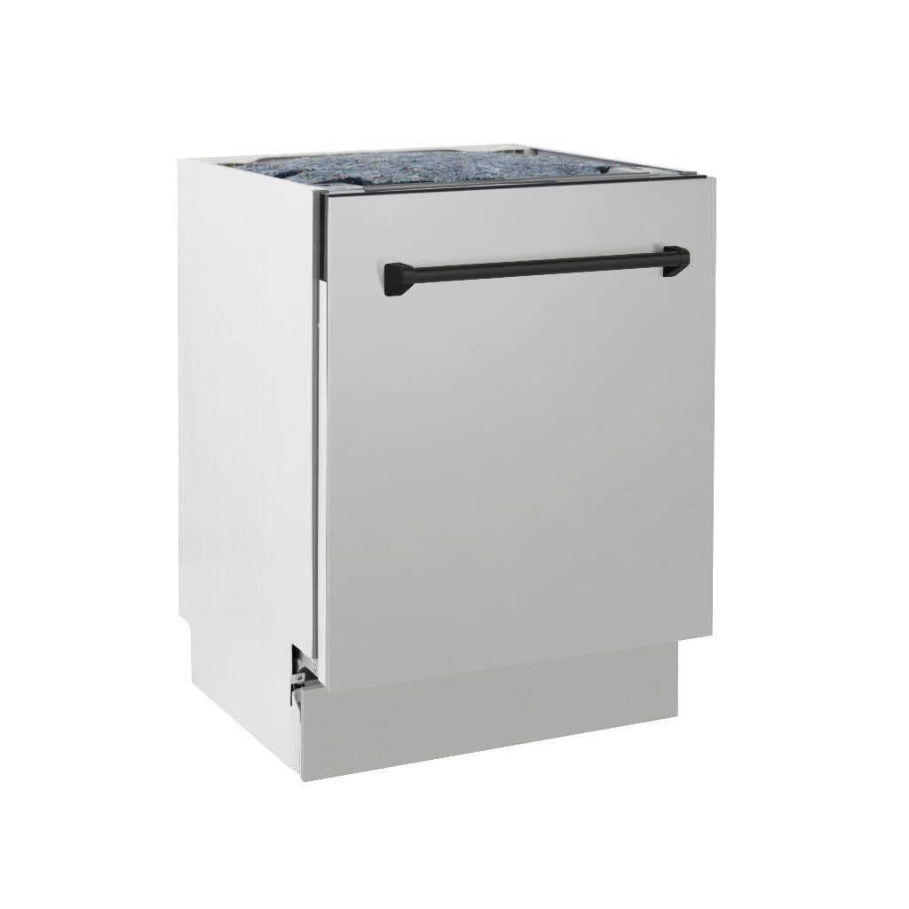 ZLINE Autograph Edition 24 in. Tallac Series 3rd Rack Top Control Built-In Tall Tub Dishwasher in Stainless Steel with Matte Black Handle, 51dBa (DWVZ-304-24-MB) side, closed.