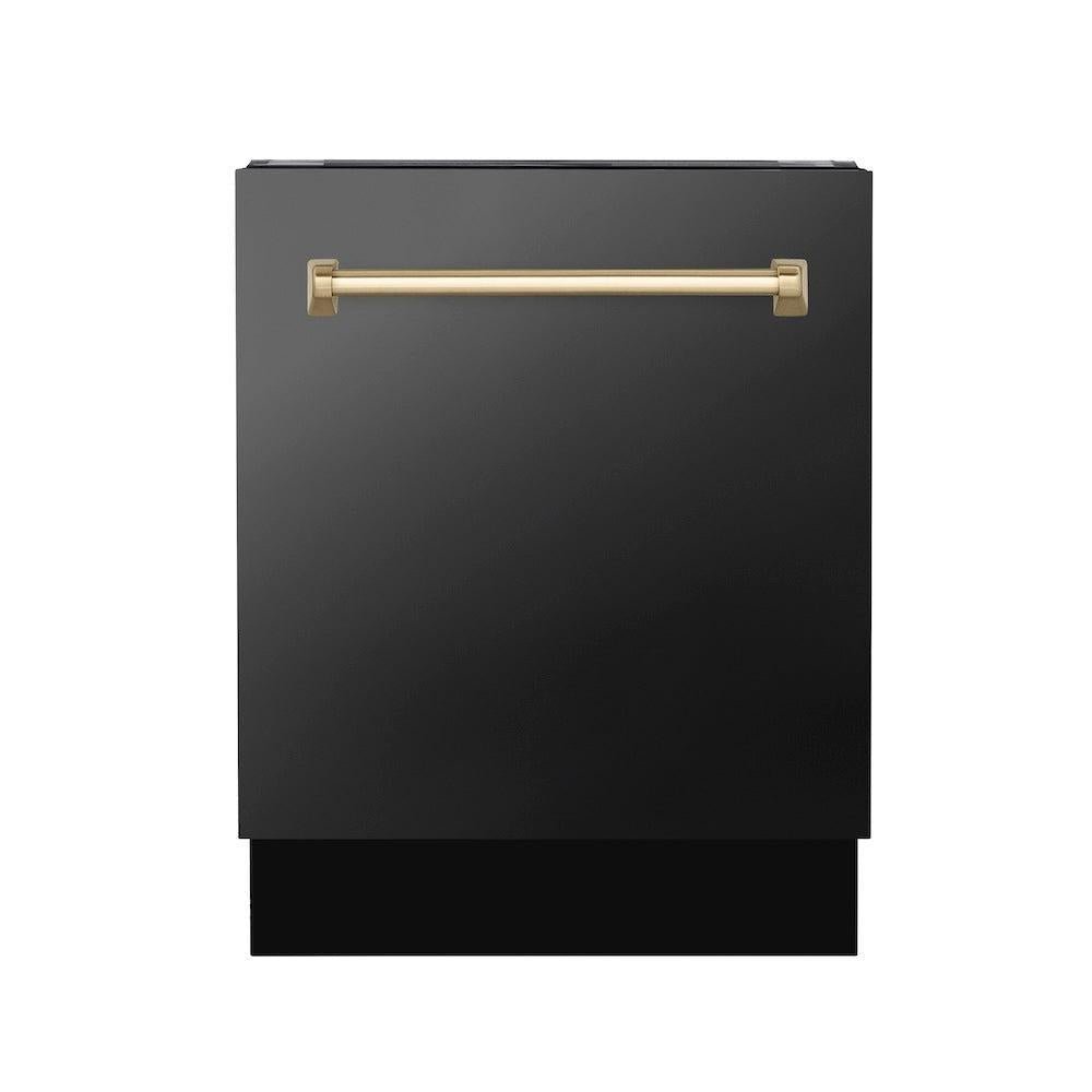 ZLINE Autograph Edition 24 in. Tallac Series 3rd Rack Top Control Built-In Tall Tub Dishwasher in Black Stainless Steel with Champagne Bronze Handle, 51dBa (DWVZ-BS-24-CB)