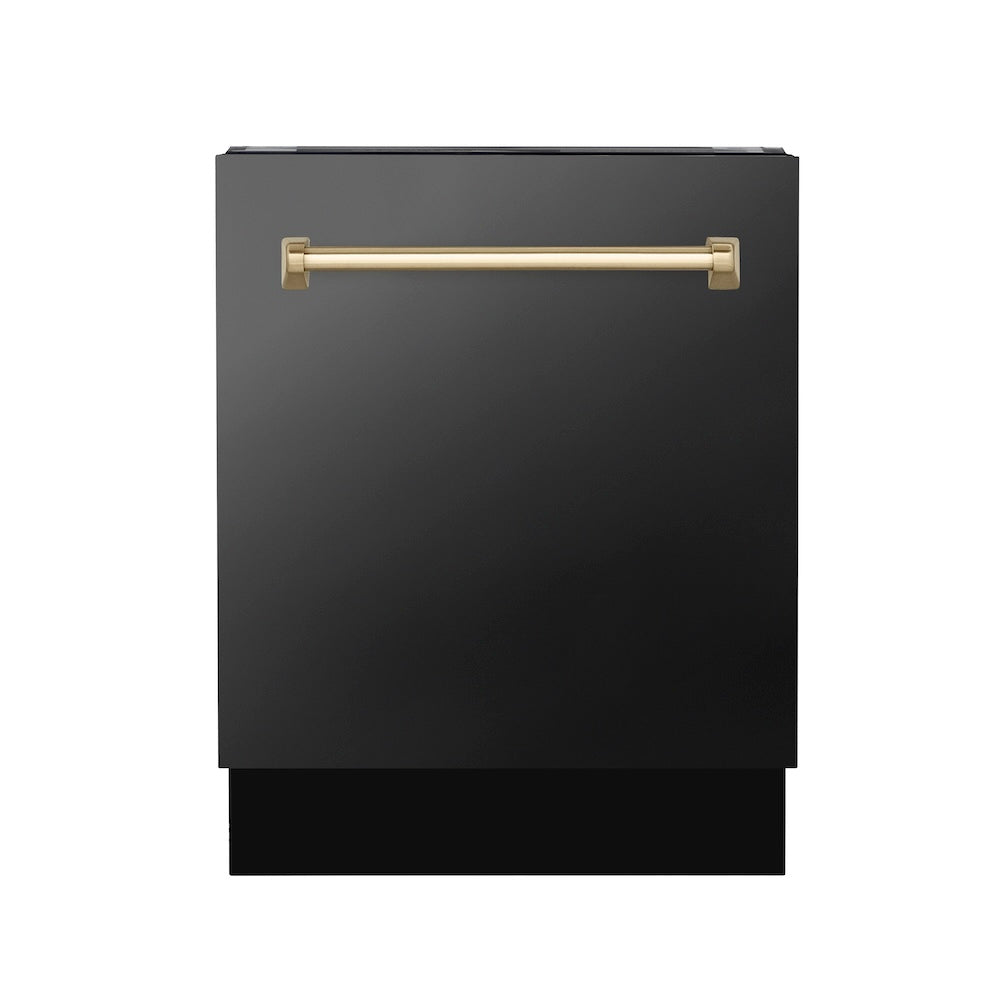 ZLINE Autograph Edition 24 in. Tallac Series 3rd Rack Top Control Built-In Tall Tub Dishwasher in Black Stainless Steel with Champagne Bronze Handle, 51dBa (DWVZ-BS-24-CB)