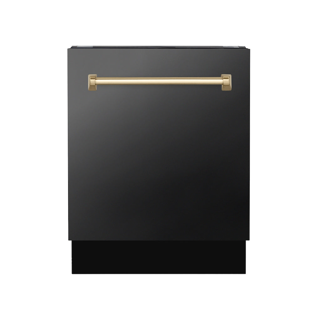 ZLINE Autograph Edition 24 in. Tallac Series 3rd Rack Top Control Built-In Tall Tub Dishwasher in Black Stainless Steel with Champagne Bronze Handle, 51dBa (DWVZ-BS-24-CB) front, closed.