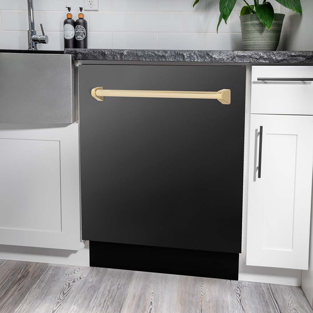 ZLINE Autograph Edition 24 in. Tallac Series 3rd Rack Top Control Built-In Tall Tub Dishwasher in Black Stainless Steel with Polished Gold Handle, 51dBa (DWVZ-BS-24-G) built-in to white cabinets with granite countertops in a luxury kitchen.