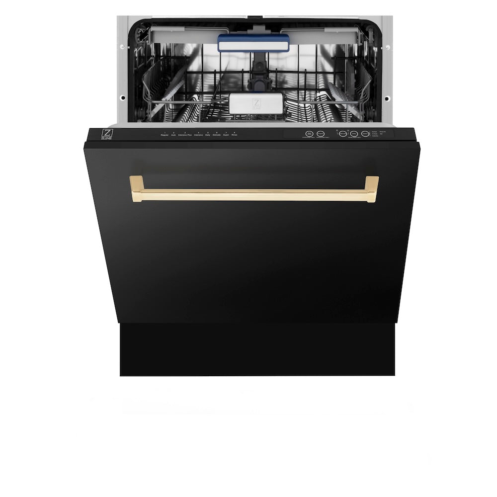 ZLINE 48 in. Autograph Edition Kitchen Package with Black Stainless Steel Dual Fuel Range, Range Hood, Dishwasher and Refrigeration with Polished Gold Accents (4AKPR-RABRHDWV48-G)