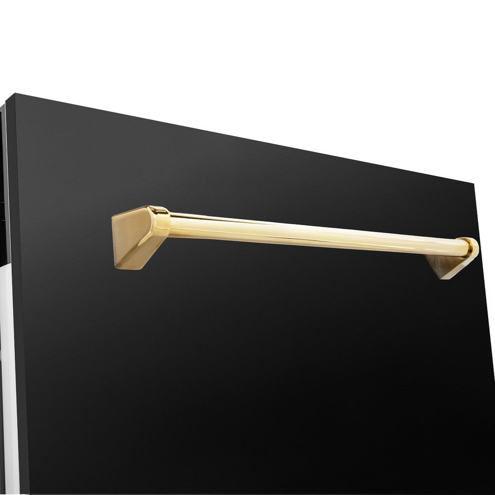 ZLINE Autograph Edition 24 in. Tallac Series 3rd Rack Top Control Built-In Tall Tub Dishwasher in Black Stainless Steel with Polished Gold Handle, 51dBa (DWVZ-BS-24-G) close-up, Polished Gold Autograph Edition handle on panel.