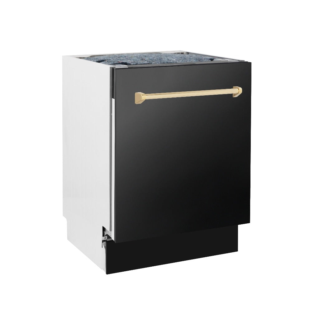 ZLINE Autograph Edition 24 in. Tallac Series 3rd Rack Top Control Built-In Tall Tub Dishwasher in Black Stainless Steel with Polished Gold Handle, 51dBa (DWVZ-BS-24-G) side, closed.
