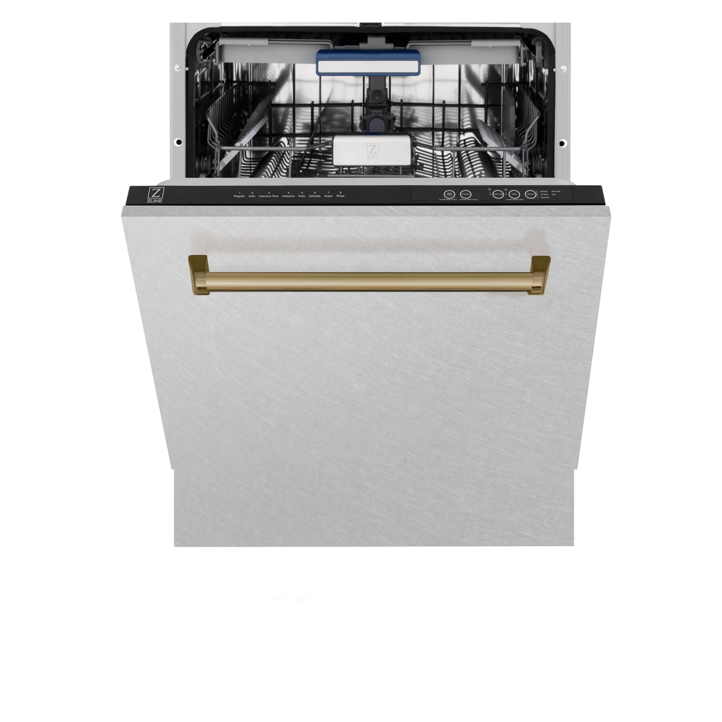 ZLINE Autograph Edition 24 in. Tallac Series 3rd Rack Top Control Built-In Tall Tub Dishwasher in Fingerprint Resistant Stainless Steel with Champagne Bronze Handle, 51dBa (DWVZ-SN-24-CB) front, half open.