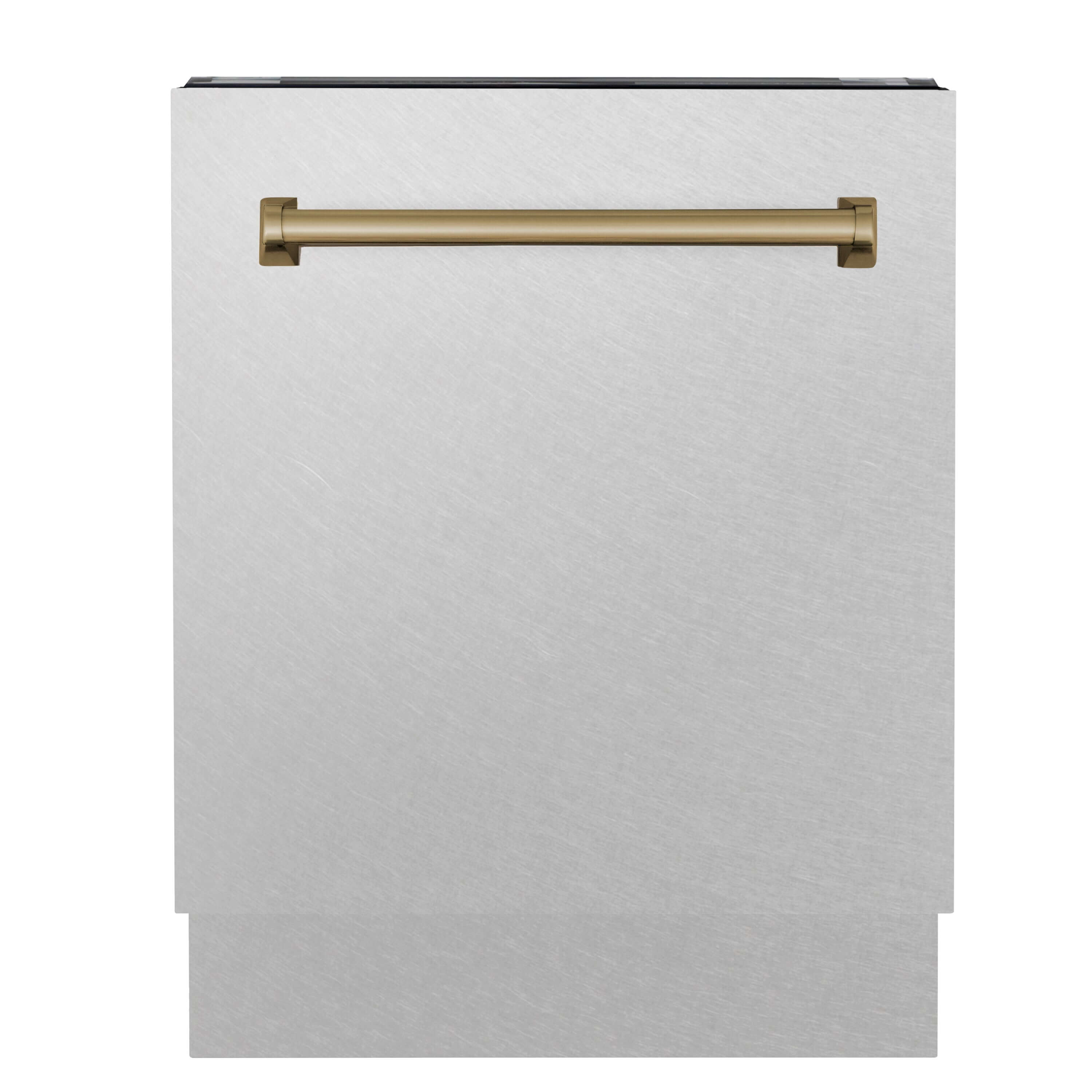 ZLINE Autograph Edition 24 in. Tallac Series 3rd Rack Top Control Built-In Tall Tub Dishwasher in Fingerprint Resistant Stainless Steel with Champagne Bronze Handle, 51dBa (DWVZ-SN-24-CB) front, closed.