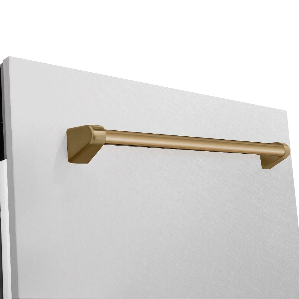 ZLINE Autograph Edition 24 in. Tallac Series 3rd Rack Top Control Built-In Tall Tub Dishwasher in Fingerprint Resistant Stainless Steel with Champagne Bronze Handle, 51dBa (DWVZ-SN-24-CB) close-up, Champagne Bronze Autograph Edition handle on panel.