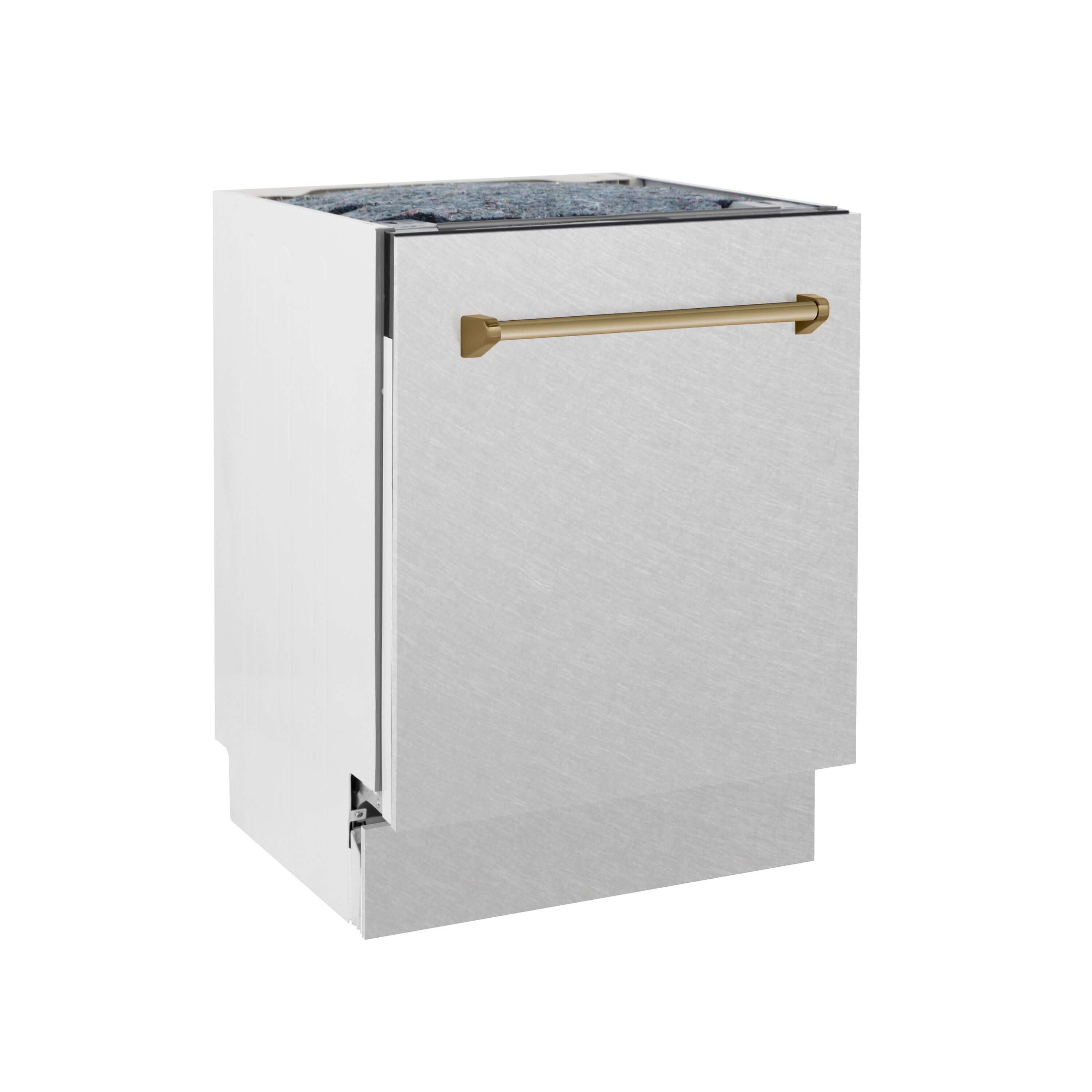 ZLINE Autograph Edition 24 in. Tallac Series 3rd Rack Top Control Built-In Tall Tub Dishwasher in Fingerprint Resistant Stainless Steel with Champagne Bronze Handle, 51dBa (DWVZ-SN-24-CB) front, closed.