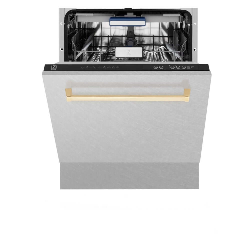 ZLINE Autograph Edition 24" Tall Tub Dishwasher in DuraSnow with Polished Gold Handle (DWVZ-SN-24-G) front, with door half open.
