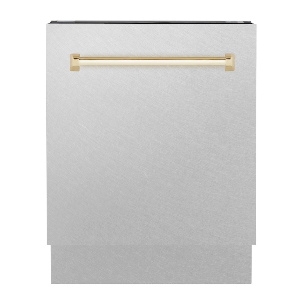 ZLINE Autograph Edition 24 in. Tallac Series 3rd Rack Top Control Built-In Tall Tub Dishwasher in Fingerprint Resistant Stainless Steel with Polished Gold Handle, 51dBa (DWVZ-SN-24-G)