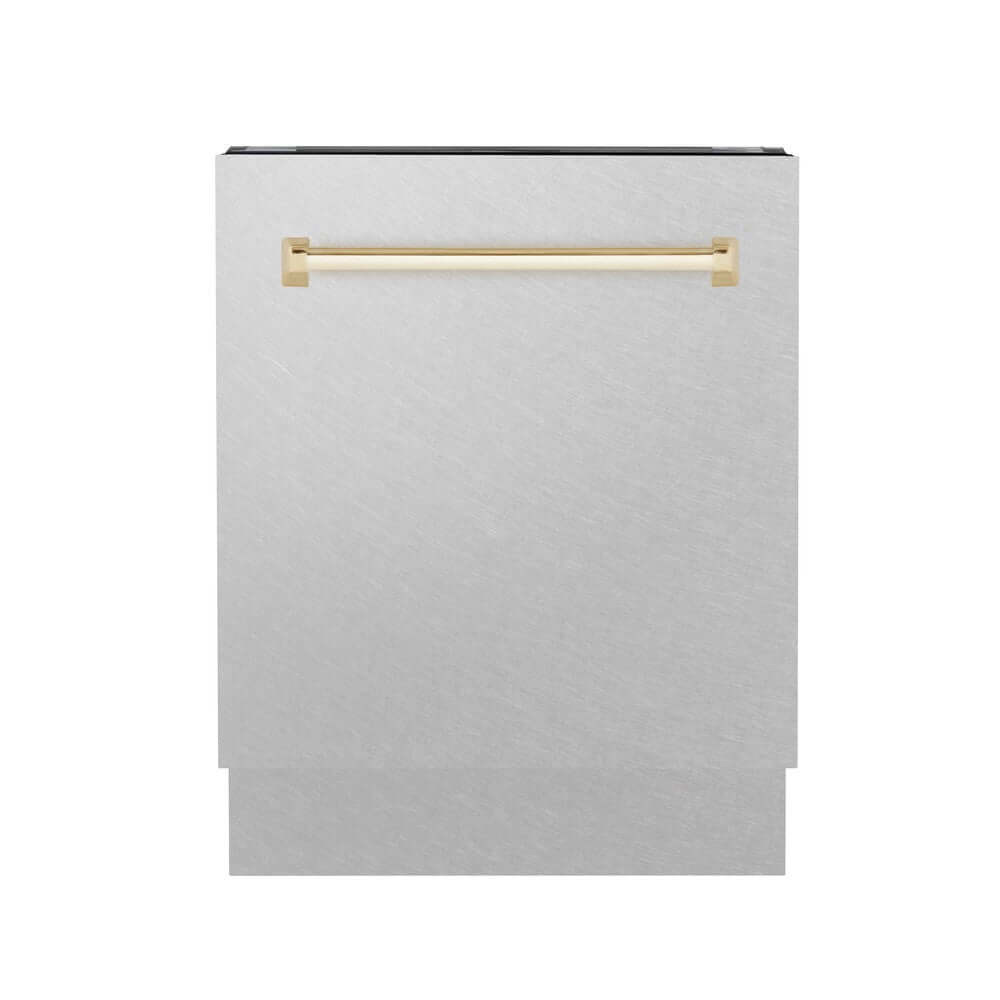ZLINE Autograph Edition 24" Tall Tub Dishwasher in DuraSnow with Polished Gold Handle (DWVZ-SN-24-G) front.