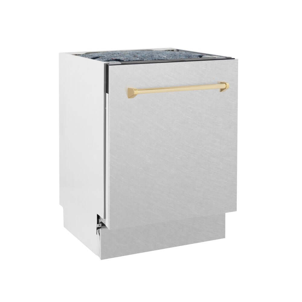 ZLINE Autograph Edition 24" Tall Tub Dishwasher in DuraSnow with Polished Gold Accent Handle (DWVZ-SN-24-G) side.