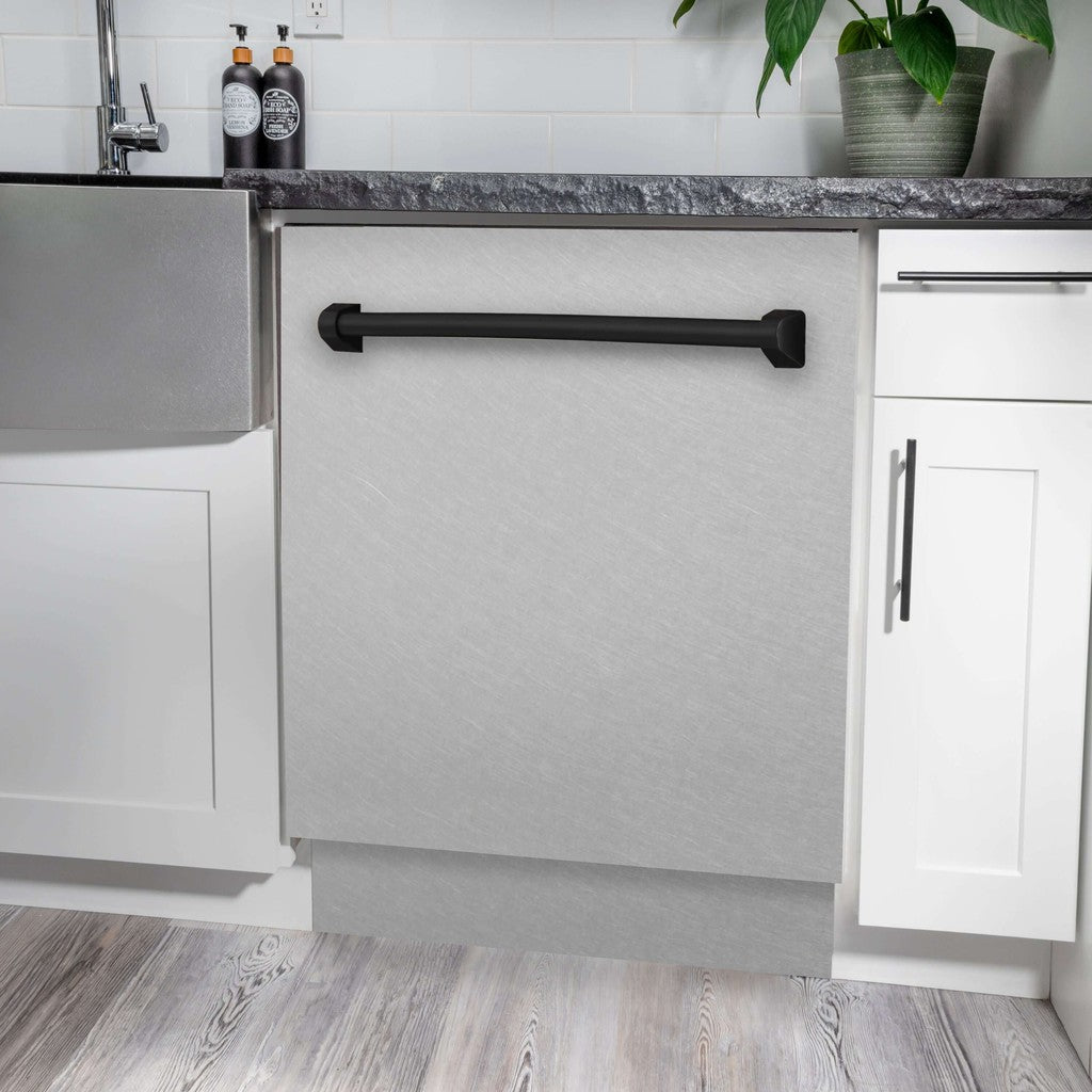 ZLINE Autograph Edition 24 in. Tallac Series 3rd Rack Top Control Built-In Tall Tub Dishwasher in Fingerprint Resistant Stainless Steel with Matte Black Handle, 51dBa (DWVZ-SN-24-MB) built-in to white cabinets with granite countertops in a luxury kitchen.