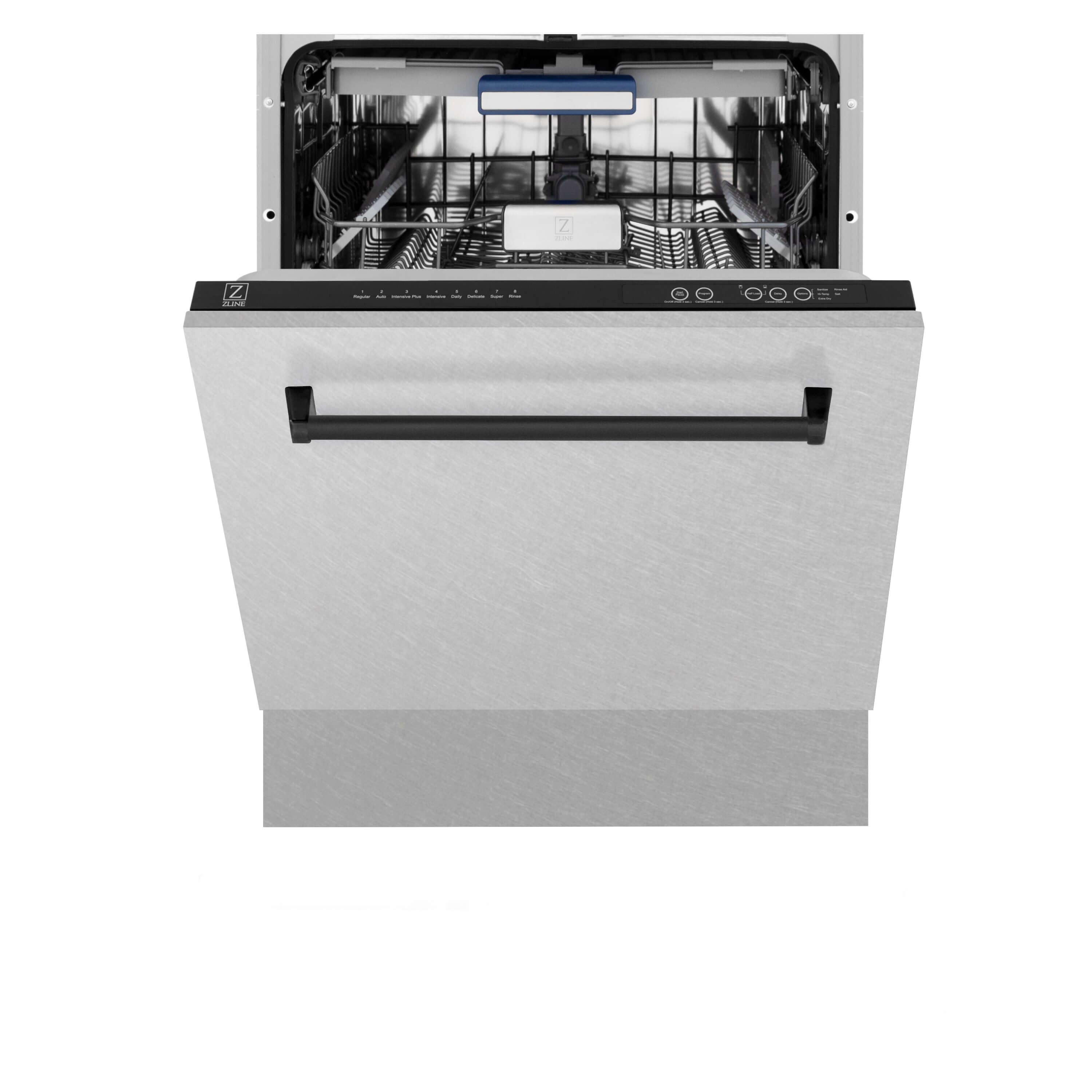 ZLINE Autograph Edition 24 in. Tallac Series 3rd Rack Top Control Built-In Tall Tub Dishwasher in Fingerprint Resistant Stainless Steel with Matte Black Handle, 51dBa (DWVZ-SN-24-MB) front, half open.