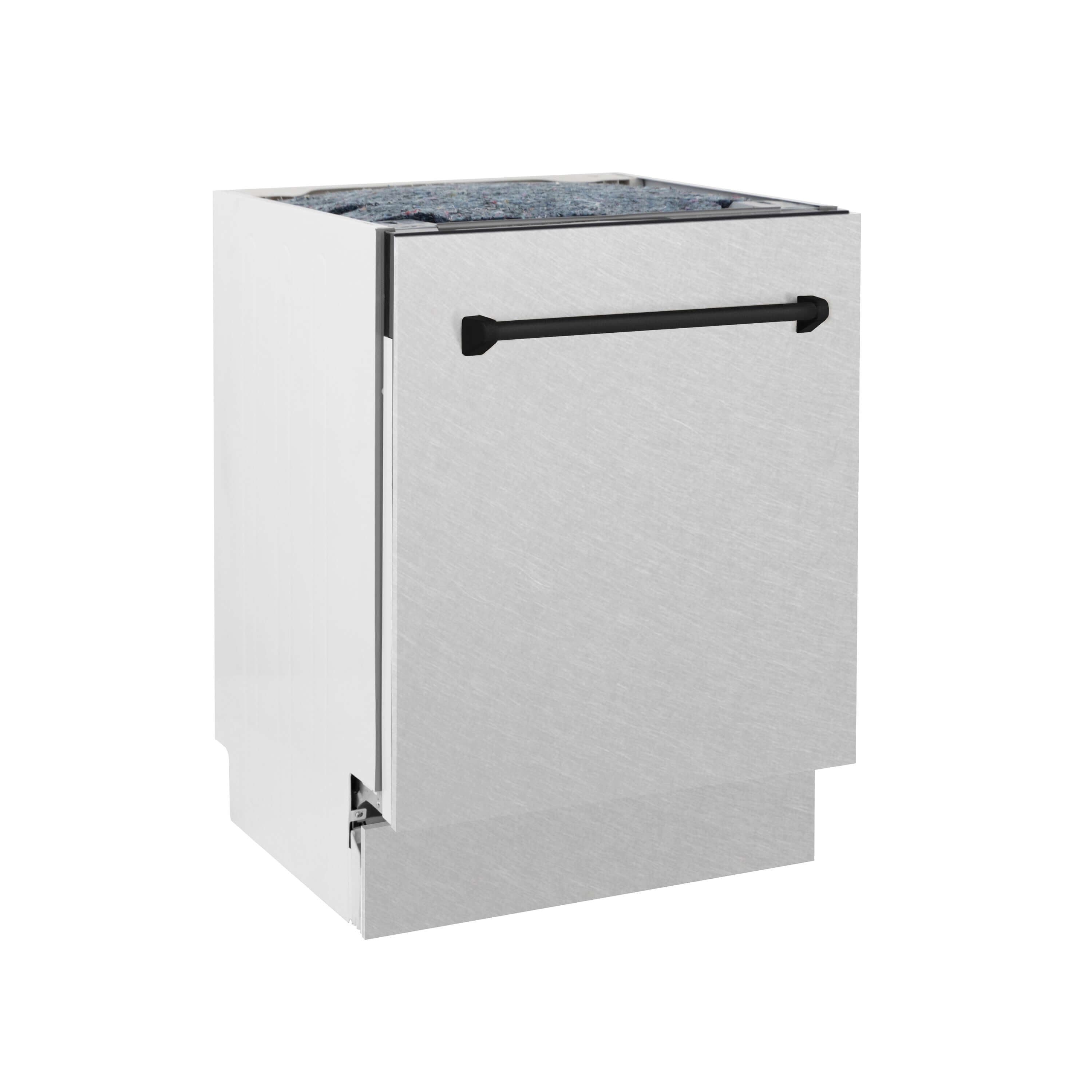 ZLINE Autograph Edition 24 in. Tallac Series 3rd Rack Top Control Built-In Tall Tub Dishwasher in Fingerprint Resistant Stainless Steel with Matte Black Handle, 51dBa (DWVZ-SN-24-MB) front, closed.