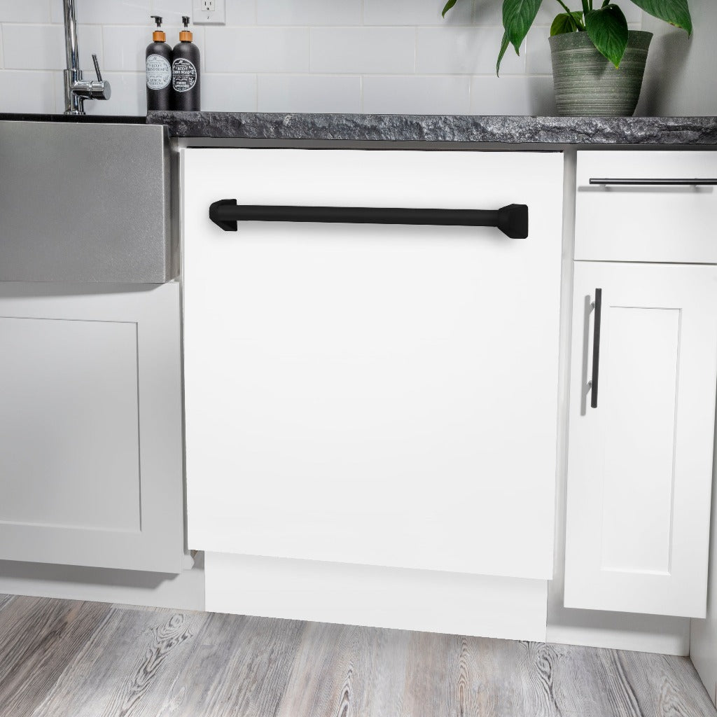 ZLINE Autograph Edition 24 in. Tallac Series 3rd Rack Top Control Built-In Tall Tub Dishwasher in White Matte with Matte Black Handle, 51dBa (DWVZ-WM-24-MB) built-in to white cabinets with granite countertops in a luxury kitchen.