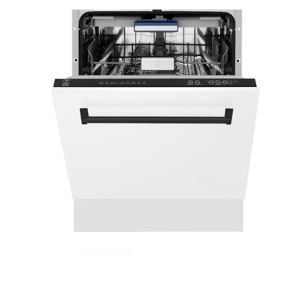 ZLINE Autograph Edition 24 in. Tallac Series 3rd Rack Top Control Built-In Tall Tub Dishwasher in White Matte with Matte Black Handle, 51dBa (DWVZ-WM-24-MB) front, half open.