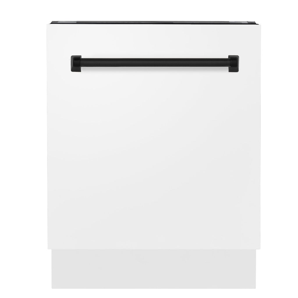 ZLINE Autograph Edition 24 in. Tallac Series 3rd Rack Top Control Built-In Tall Tub Dishwasher in White Matte with Matte Black Handle, 51dBa (DWVZ-WM-24-MB) front, closed.