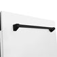 ZLINE Autograph Edition 24 in. Tallac Series 3rd Rack Top Control Built-In Tall Tub Dishwasher in White Matte with Matte Black Handle, 51dBa (DWVZ-WM-24-MB) close-up, Matte Black Autograph Edition handle on panel.