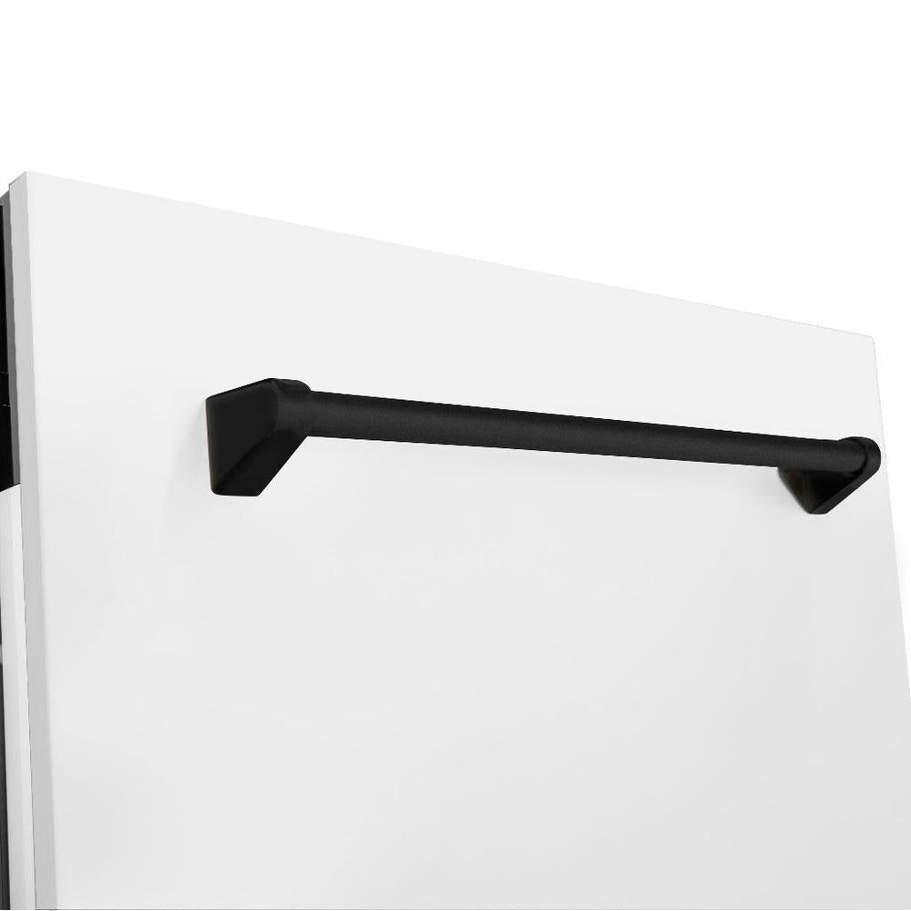 ZLINE Autograph Edition 24 in. Tallac Series 3rd Rack Top Control Built-In Tall Tub Dishwasher in White Matte with Matte Black Handle, 51dBa (DWVZ-WM-24-MB) close-up, Matte Black Autograph Edition handle on panel.