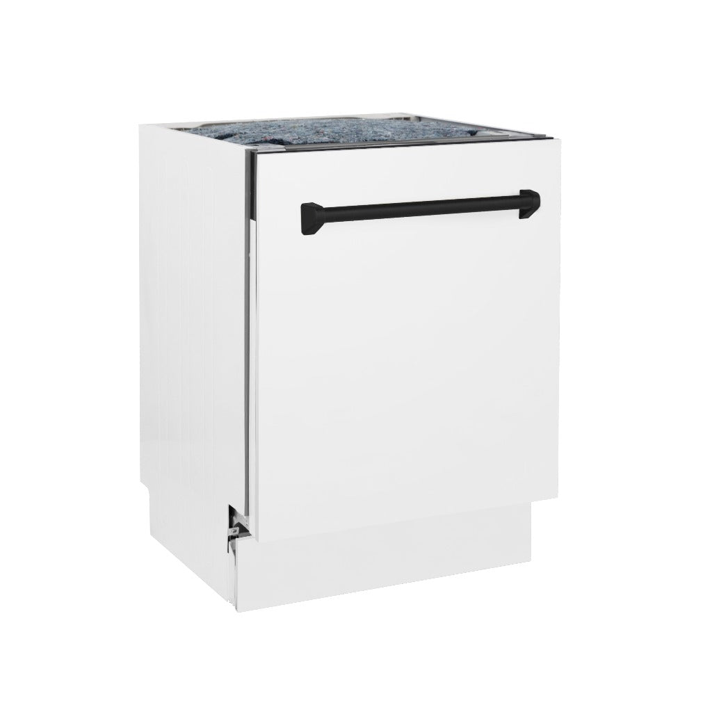 ZLINE Autograph Edition 24 in. Tallac Series 3rd Rack Top Control Built-In Tall Tub Dishwasher in White Matte with Matte Black Handle, 51dBa (DWVZ-WM-24-MB) front, closed.