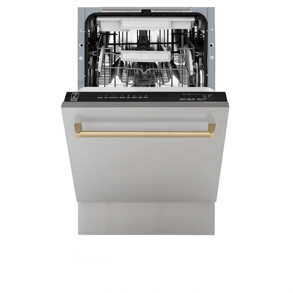 ZLINE Autograph Edition 18 in. Tallac Series 3rd Rack Top Control Built-In Dishwasher in Stainless Steel with Champagne Bronze Handle, 51dBa (DWVZ-304-18-CB) front, half open.