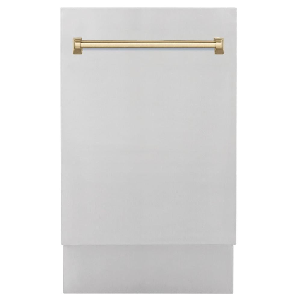 ZLINE Autograph Edition 18 in. Tallac Series 3rd Rack Top Control Built-In Dishwasher in Stainless Steel with Champagne Bronze Handle, 51dBa (DWVZ-304-18-CB) front, closed.