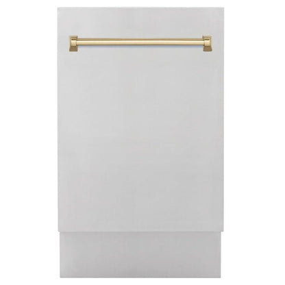 ZLINE Autograph Edition 18 in. Tallac Series 3rd Rack Top Control Built-In Dishwasher in Stainless Steel with Champagne Bronze Handle, 51dBa (DWVZ-304-18-CB) front, closed.