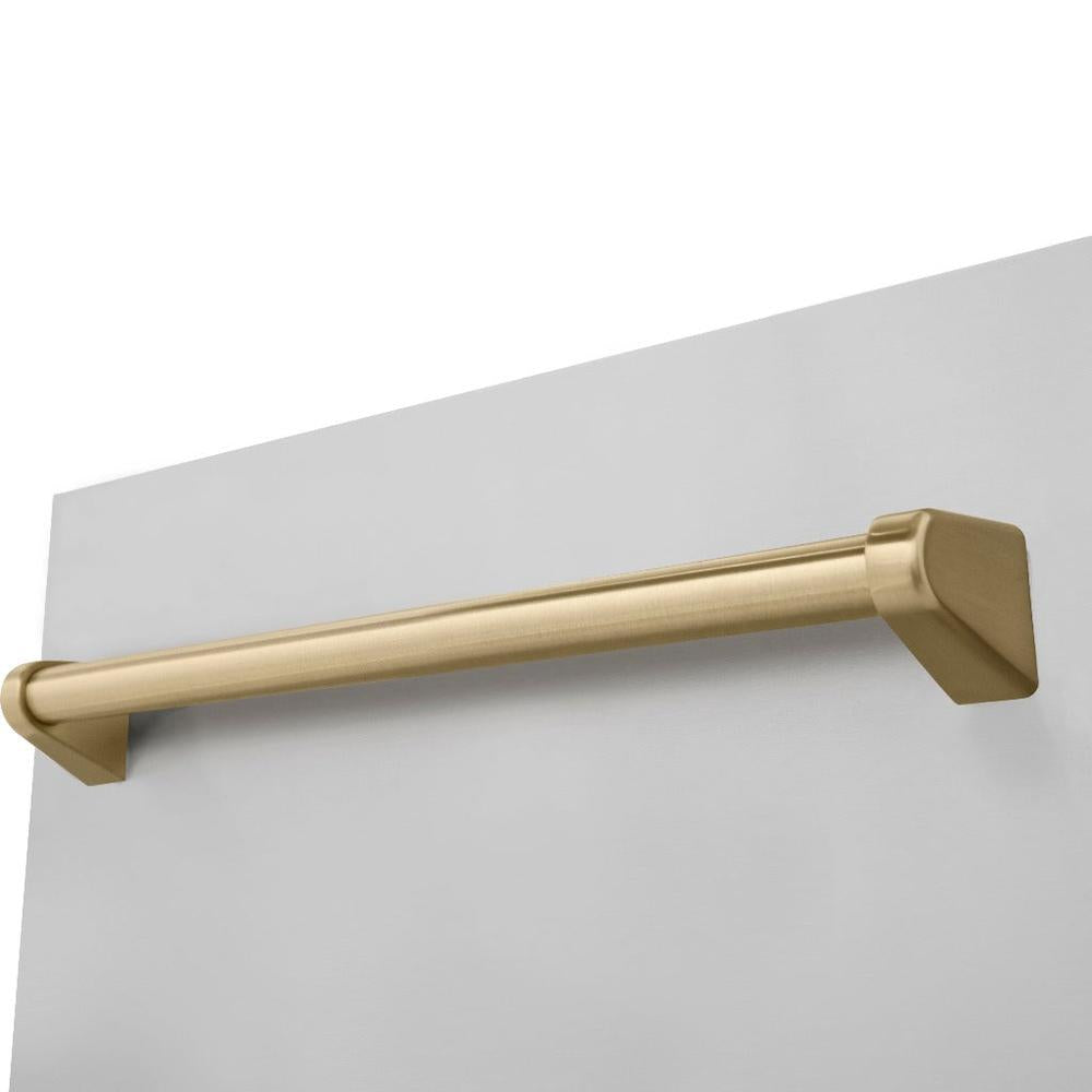 ZLINE Autograph Edition 18 in. Tallac Series 3rd Rack Top Control Built-In Dishwasher in Stainless Steel with Champagne Bronze Handle, 51dBa (DWVZ-304-18-CB) close-up, Champagne Bronze Autograph Edition handle on panel.